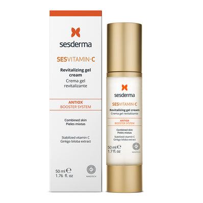Sesvitamin C Crema Gel, es un tratamiento para el cuidado antiedad indicado para pieles mixtas a grasas que se encuentran apagadas y desvitalizadas  Belle Farma